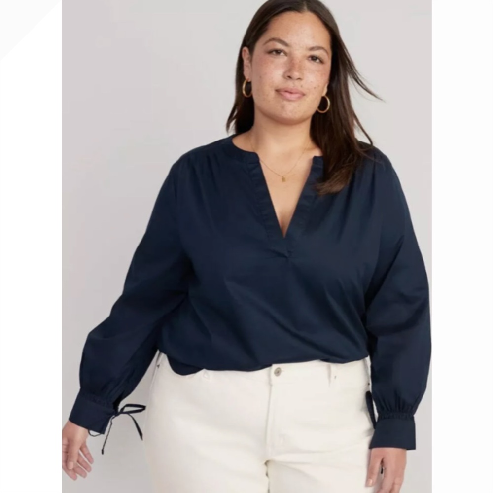Old Navy PeasantTop Blue Split Neck Long Sleeve Woven Blouse Size XL